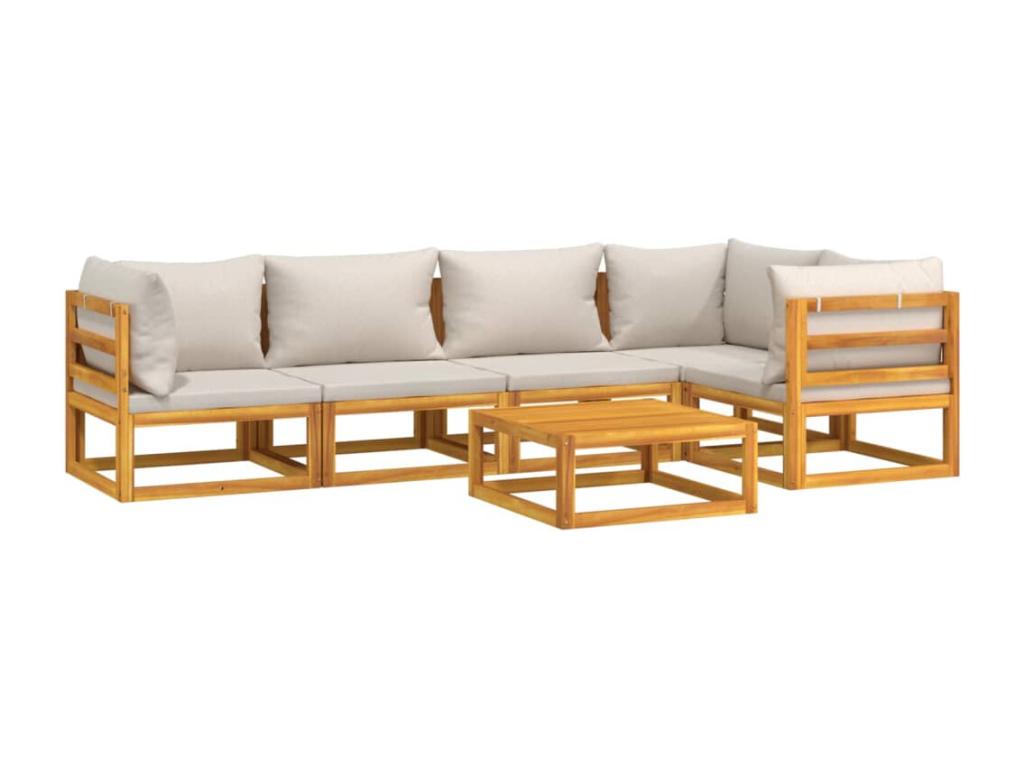 6-piece garden furniture set with light grey cushions, solid wood WUIO52806