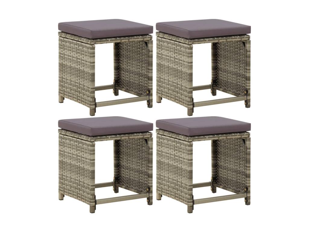 4-piece garden stools with cushions, woven resin, grey, LQOF56868