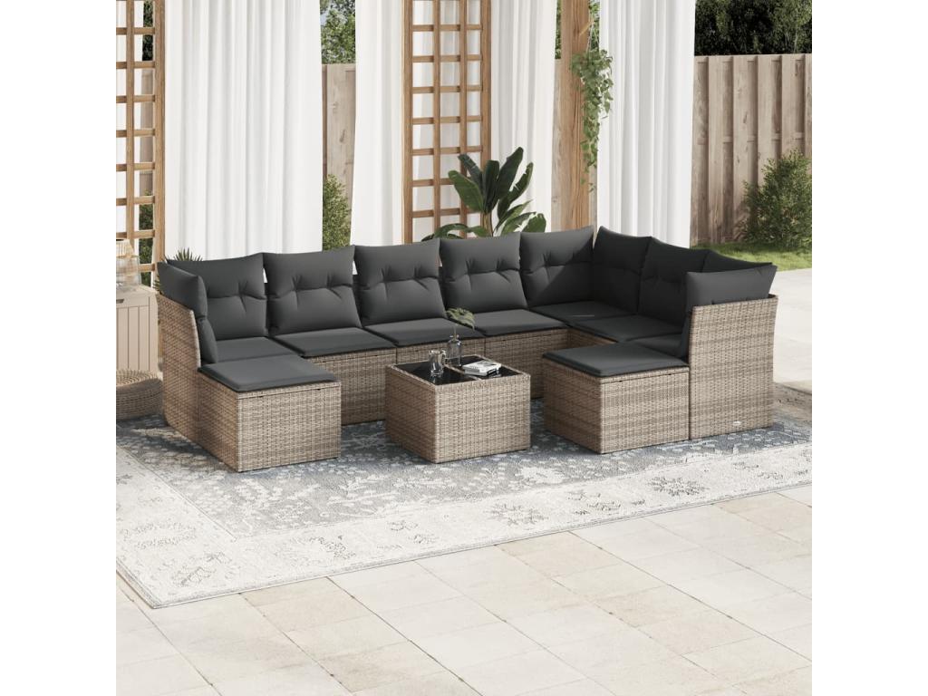 10-piece garden furniture set with cushions, grey woven resin