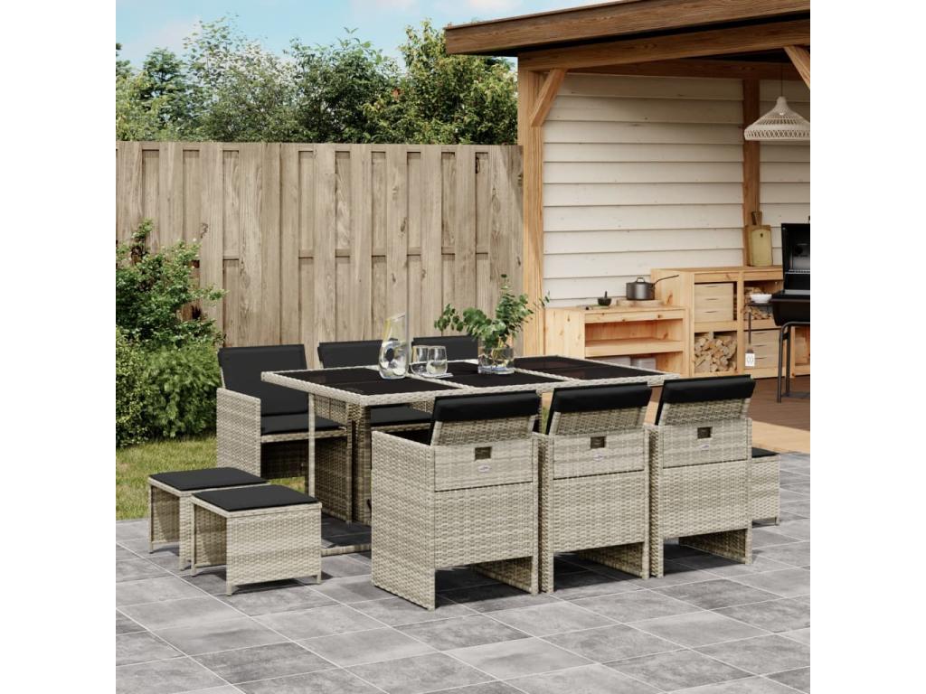 11-piece garden dining set with grey poly rattan cushions WWDJ38254