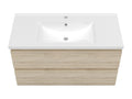Vanity unit set, 100cm wide, with 2 drawers, LED washbasin, and 100cm round mirror, oak finish, LFIK44109