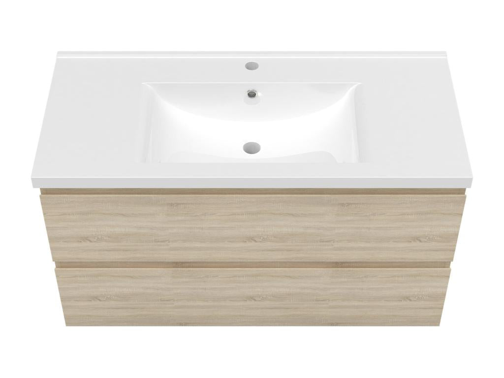 Vanity unit set, 100cm wide, with 2 drawers, LED washbasin, and 100cm round mirror, oak finish, LFIK44109