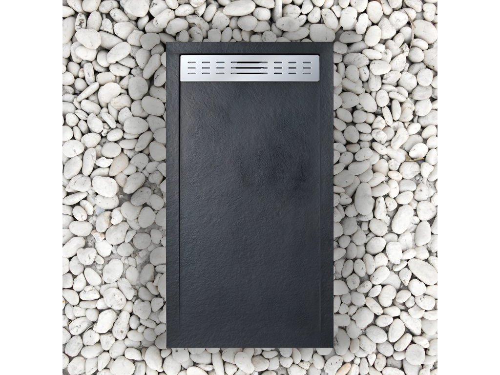 70x185 cm shower tray with side grate Chicyla Extra Slim black in synthetic resin and marble powder with drain DZWS89557