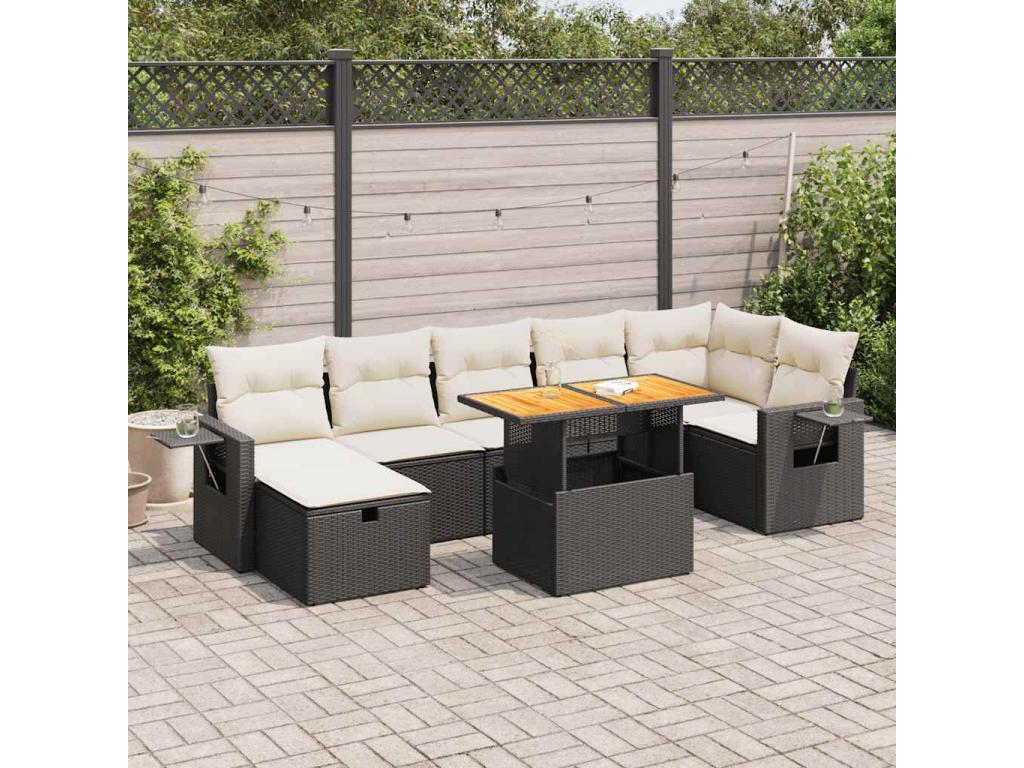 5-piece garden furniture set with cushions, black resin wicker, Meublori