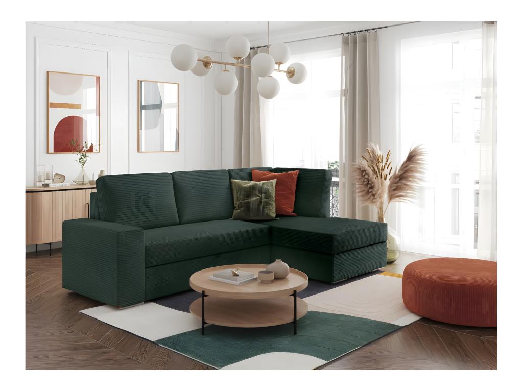 Meublori 3-seater right-hand corner sofa bed with storage in corduroy - Dark green - W246 x D174 x H96cm - Meublori