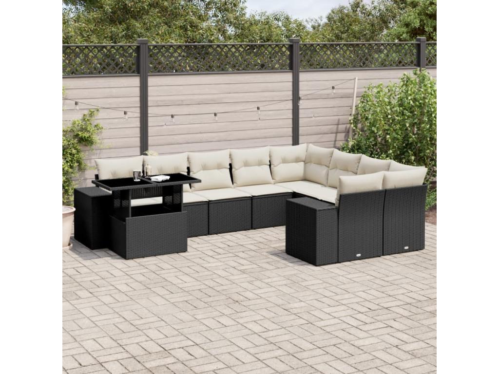 10-piece garden furniture set with cushions, black woven resin VLOX05953
