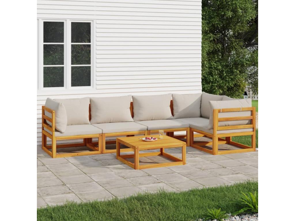 6-piece garden furniture set with light grey cushions, solid wood WUIO52806