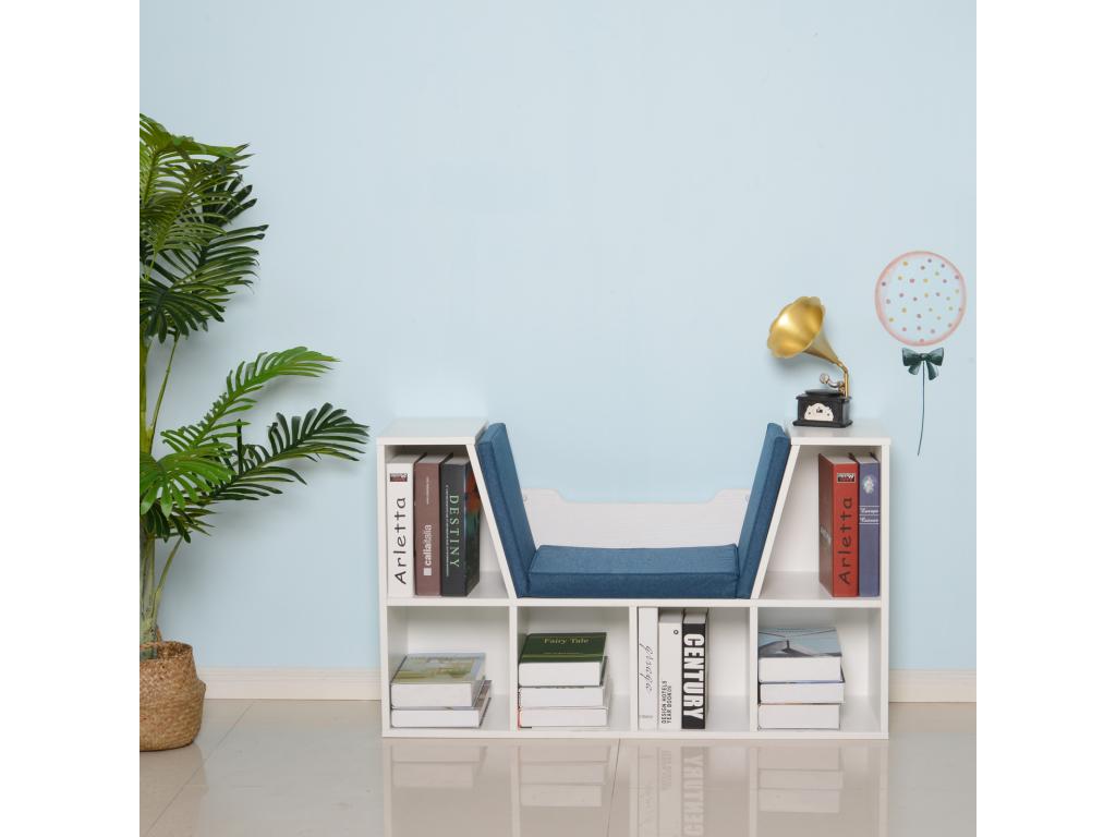 2-in-1 contemporary design bookcase/bench with 6 compartments and 3 cushions included. 102L x 30W x 61H cm. White and blue.