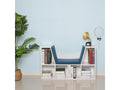2-in-1 contemporary design bookcase/bench with 6 compartments and 3 cushions included. 102L x 30W x 61H cm. White and blue.