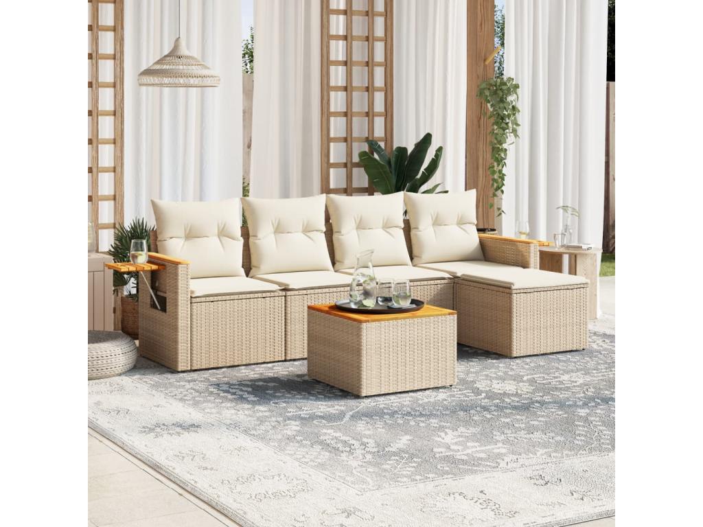 6-piece beige resin wicker garden furniture set with cushions PLIY61217