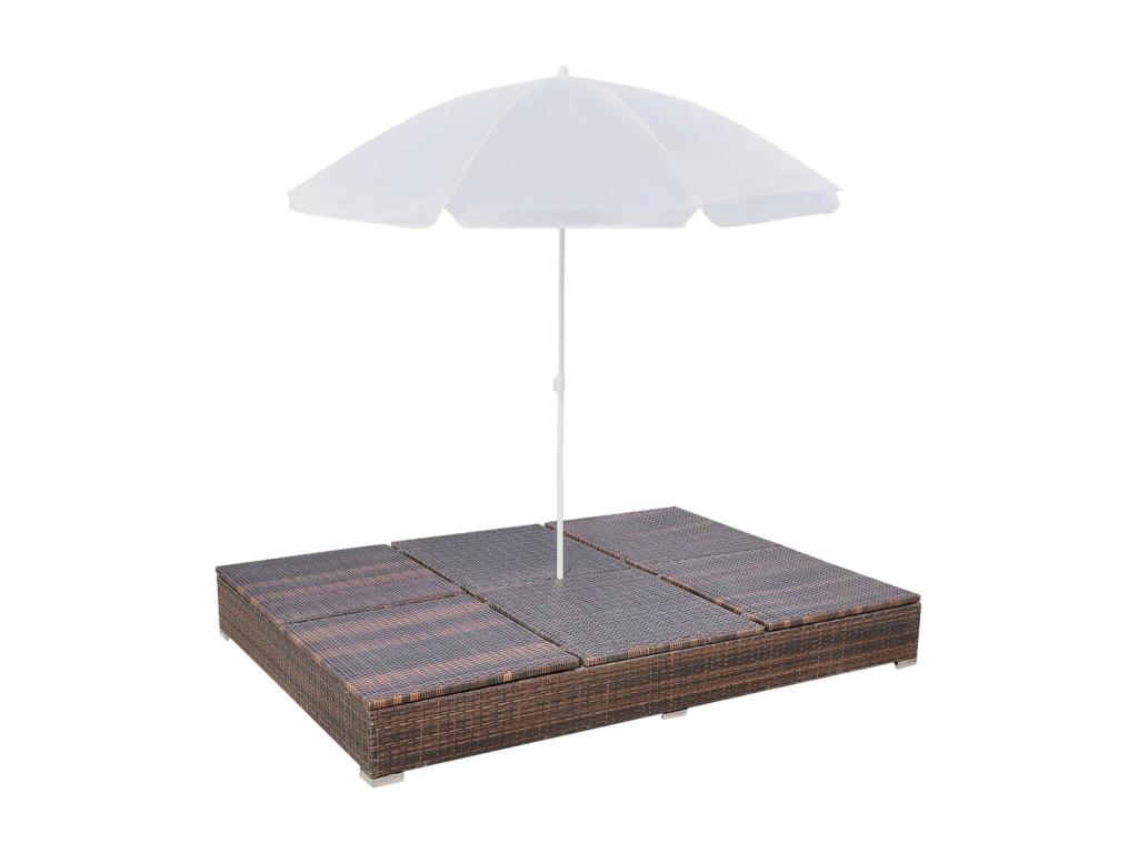 Outdoor sun lounger with parasol, brown woven resin, YDKL70713