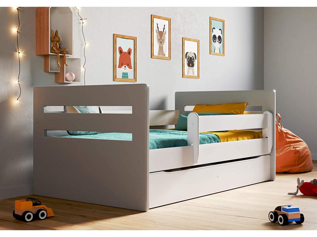 Domopure children's bed with removable safety rail, white and grey - Foam mattress - 80x180 JPBT23844