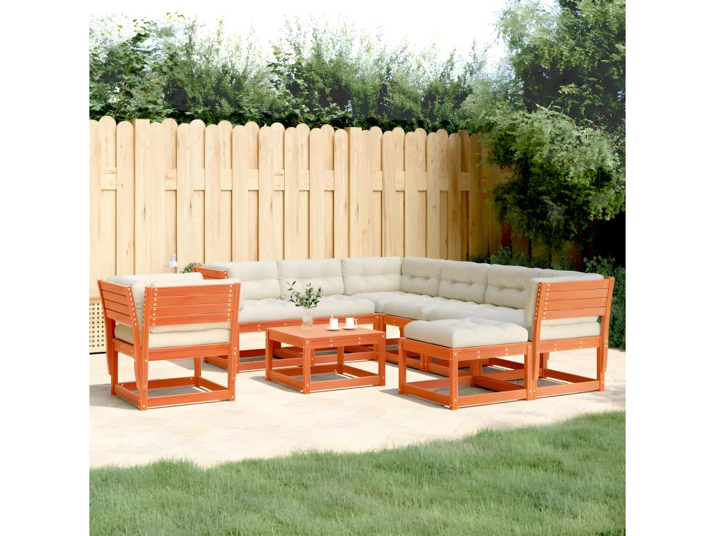 8-piece garden furniture set with cushions, brown wax finish, solid pine wood GJKR91717