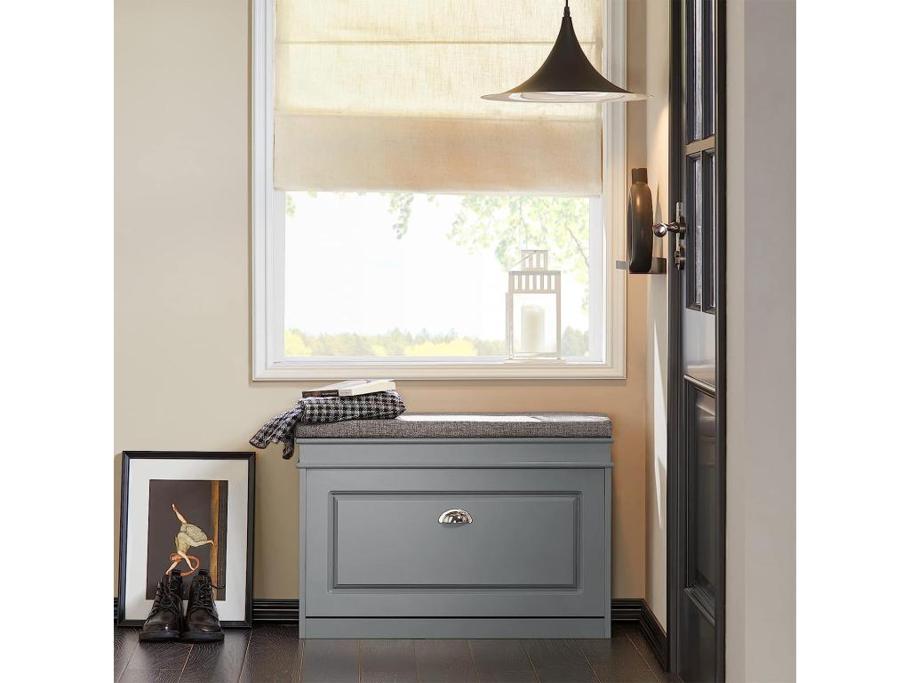 Shoe Bench, Shoe Cabinet with Padded Cushion Seat and Drop-Down Lid, Grey FSR82-L-HG FIYI64679