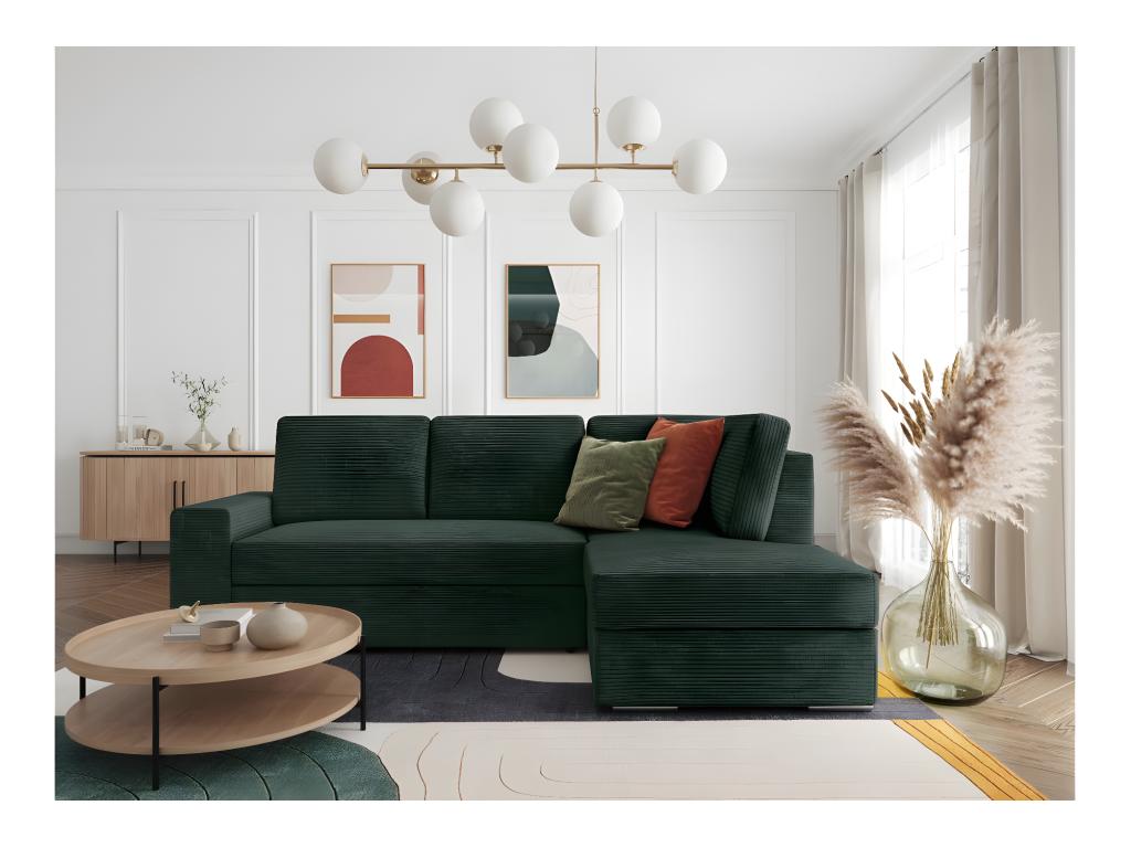 Meublori 3-seater right-hand corner sofa bed with storage in corduroy - Dark green - W246 x D174 x H96cm - Meublori