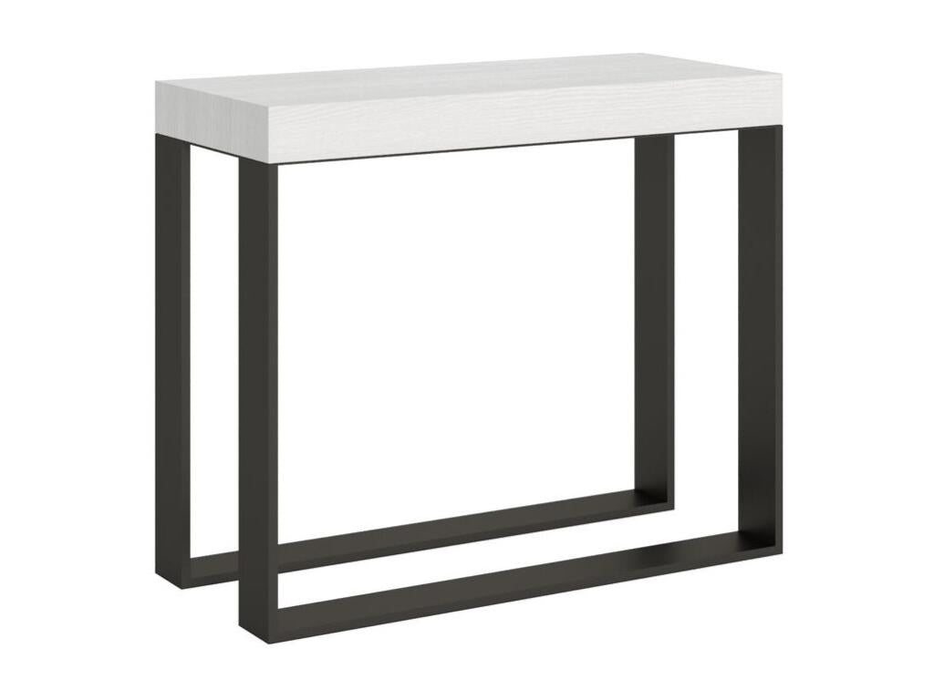 Extendable console table in wood and 2 anthracite steel legs, Elatra 90x40-196 or 90x40-300, White, 2-leg support, 3 thick extensions, CXSR50949