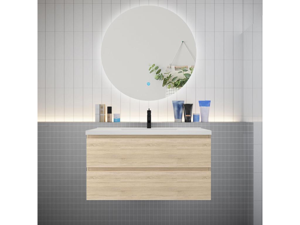 Vanity unit set, 100cm wide, with 2 drawers, LED washbasin, and 100cm round mirror, oak finish, LFIK44109
