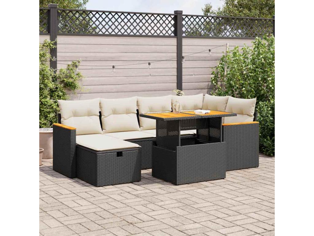 8-piece garden furniture set with cushions, black woven resin GYWI39125