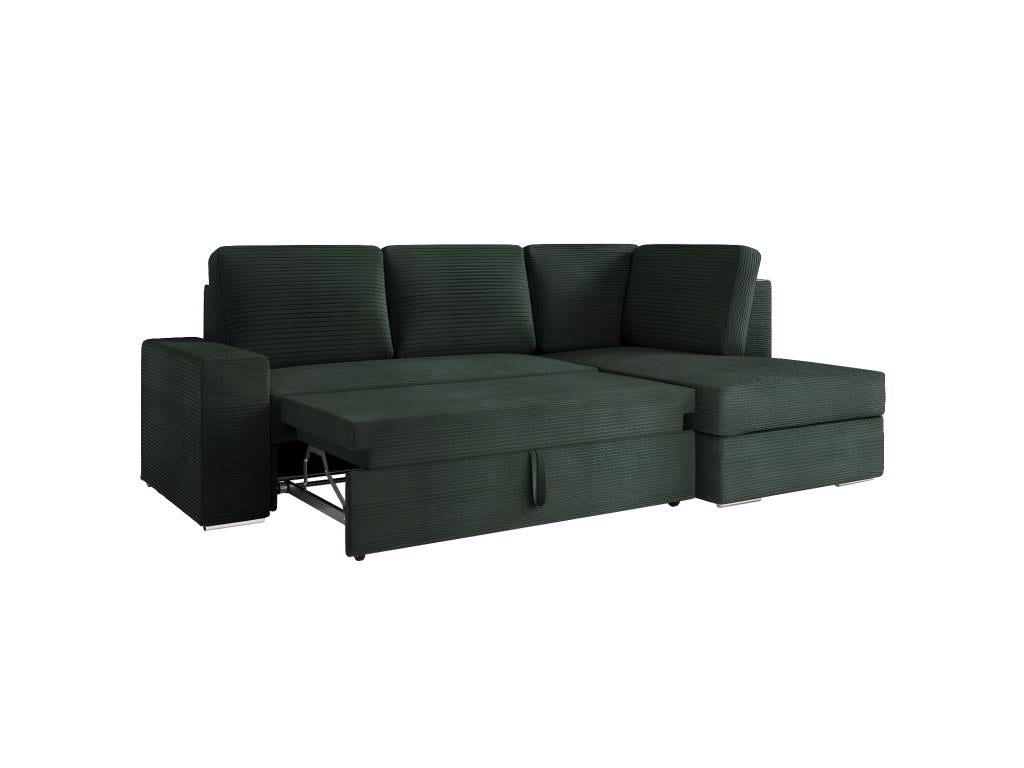 Meublori 3-seater right-hand corner sofa bed with storage in corduroy - Dark green - W246 x D174 x H96cm - Meublori