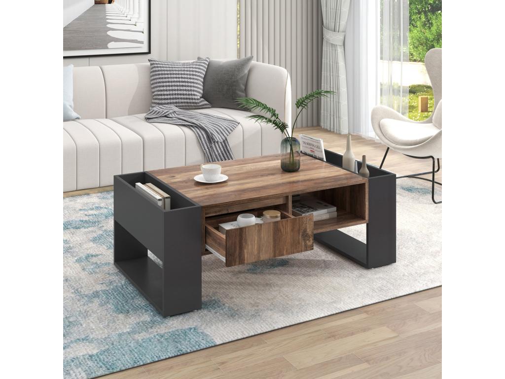 Wood grain coffee table 106.4x40x60cm with 1 drawer and storage compartments Black Grey DQLV41229