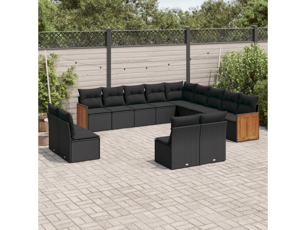 13-piece garden furniture set with cushions, black woven resin DZUD72056