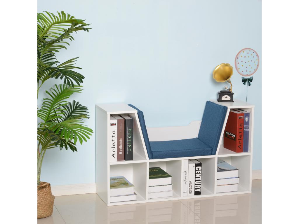 2-in-1 contemporary design bookcase/bench with 6 compartments and 3 cushions included. 102L x 30W x 61H cm. White and blue.