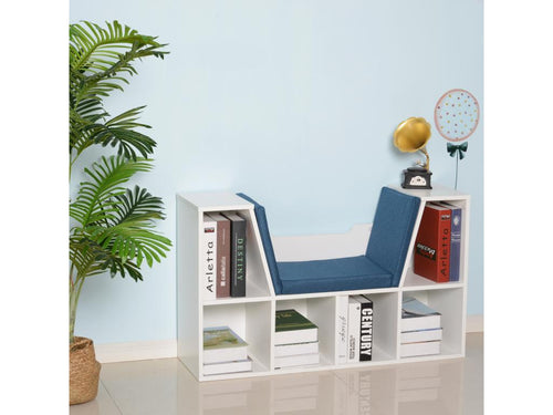 2-in-1 contemporary design bookcase/bench with 6 compartments and 3 cushions included. 102L x 30W x 61H cm. White and blue.