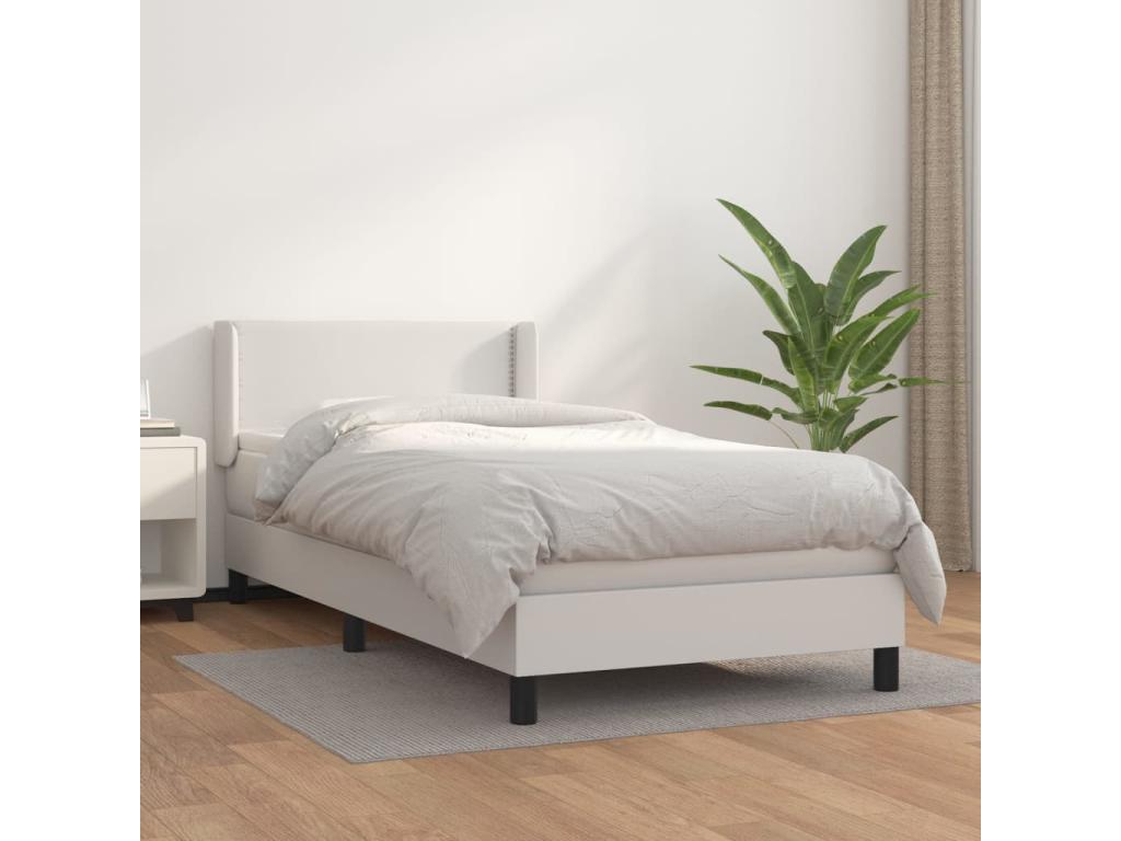 Upholstered bed base with mattress, white, 90x200 cm, faux leather