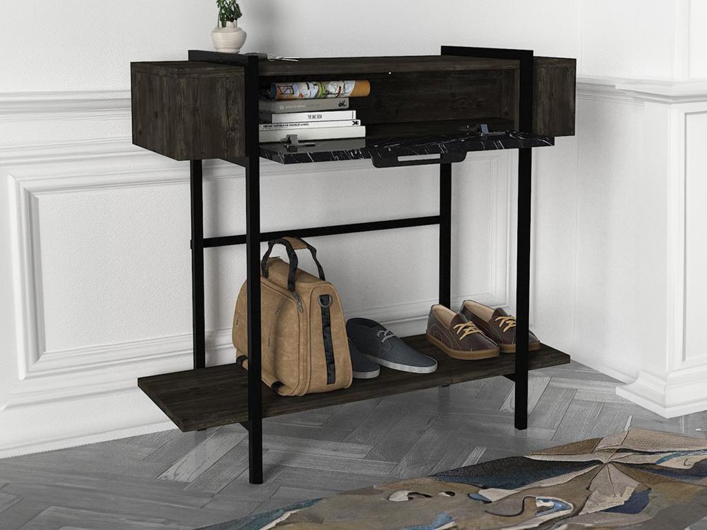 Console table with 1 door and 1 shelf - Dark natural and black marble effect - Chicyla PFUH20748