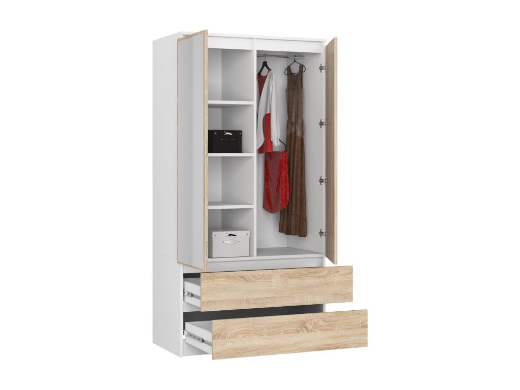 Chicyla S90 Wardrobe with Mirror, White, 90 cm, 2 Doors, 2 Drawers, Chicyla Oak Front, 4 Shelves, 90x51x180 cm, KKBF79885