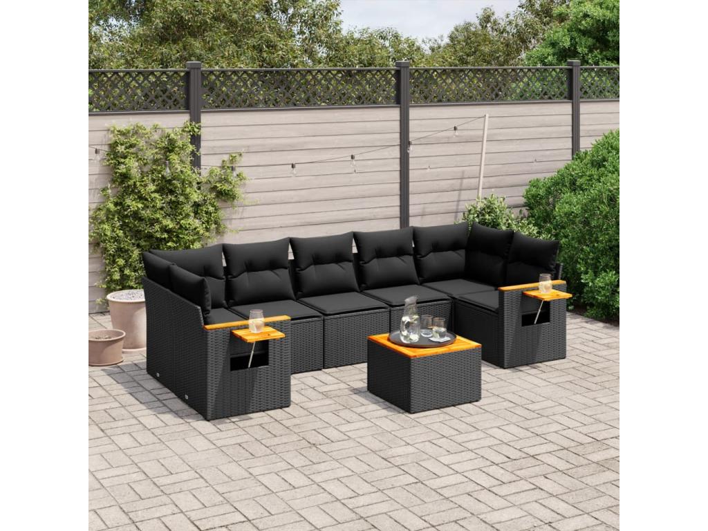 8-piece garden furniture set with cushions, black woven resin NZES25912
