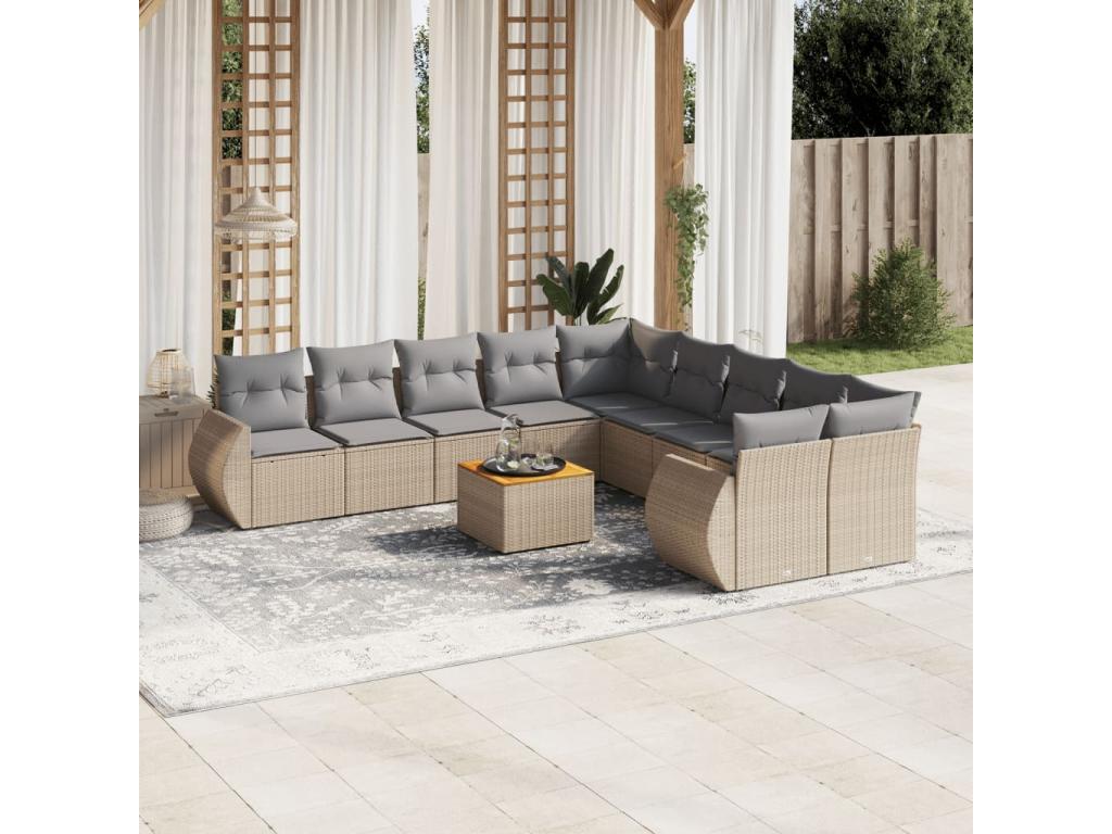 11-piece garden furniture set with beige resin wicker cushions DHJU74534