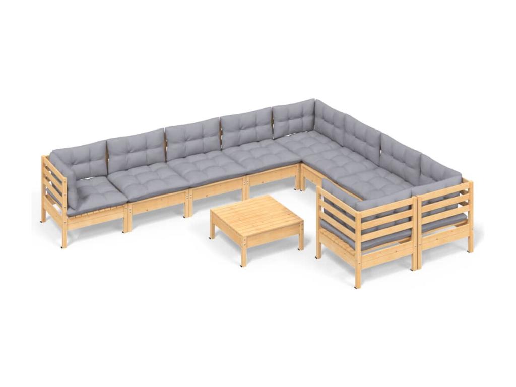 10-piece garden furniture set with grey cushions, pine wood MCLQ70998