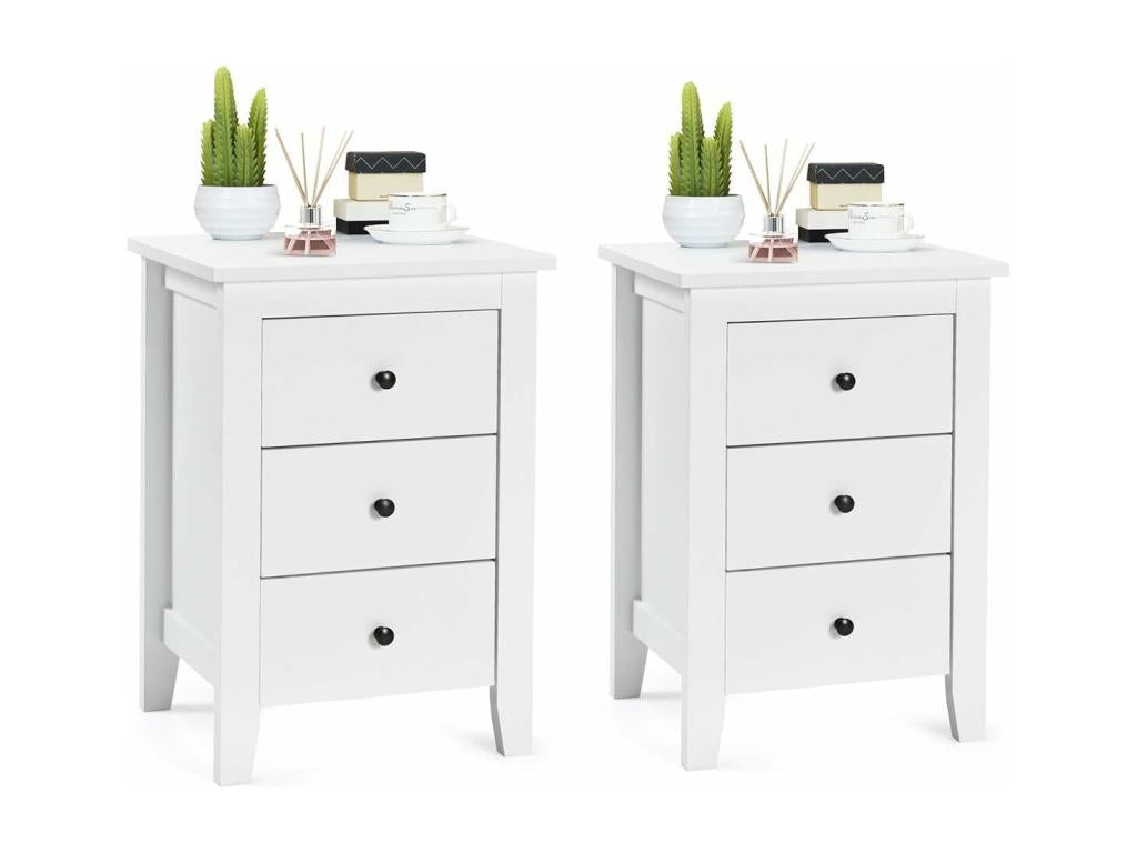 Bedside Table Set of 2 with 3 Drawers, Modern Nightstand for Bedroom, Sofa End Table for Living Room, 46x37x65 cm, White EZMH25139