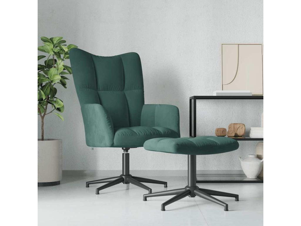 Relaxing chair with footstool, dark green velvet