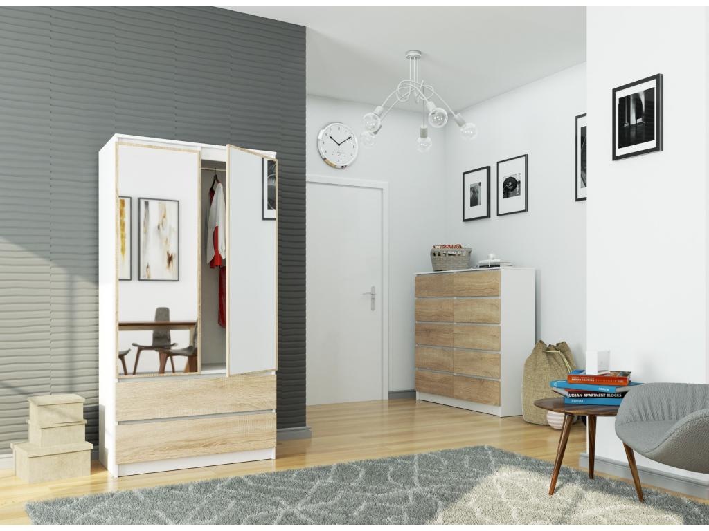 Chicyla S90 Wardrobe with Mirror, White, 90 cm, 2 Doors, 2 Drawers, Chicyla Oak Front, 4 Shelves, 90x51x180 cm, KKBF79885