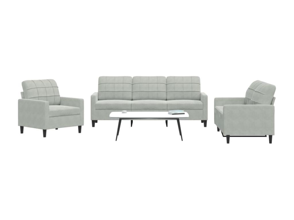 3-piece sofa set with cushions, light grey velvet AZES66519