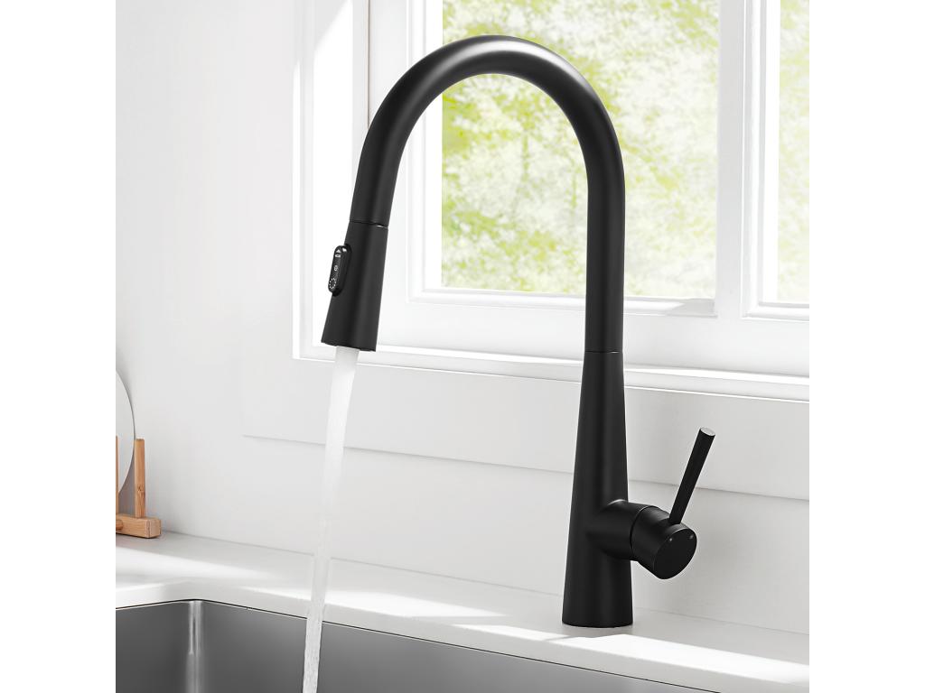Chicyla Max Black Kitchen Mixer Tap with 3 Water Spray Modes, High-Quality 360° Rotating Sink Faucet with Pull-Out Sprayer, EU Plug, Model JCMY91895