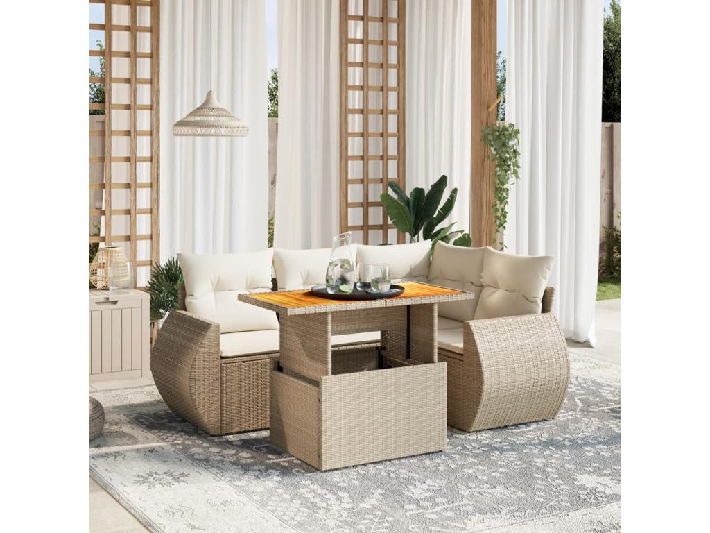 5-piece garden furniture set with cushions, beige woven resin AGYL48620