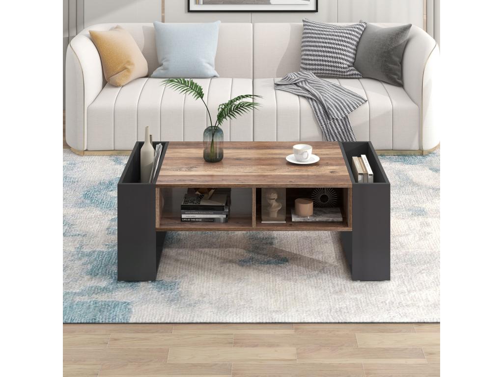 Wood grain coffee table 106.4x40x60cm with 1 drawer and storage compartments Black Grey DQLV41229