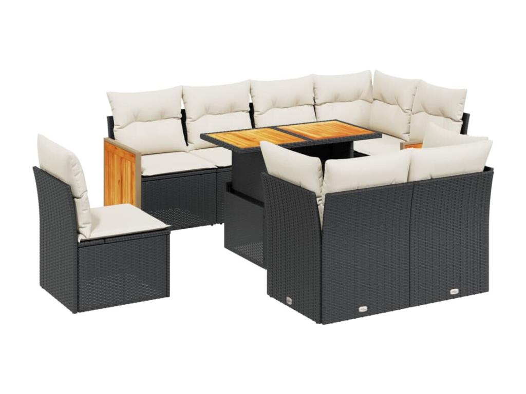 9-piece garden furniture set with cushions, black resin wicker QFIH90066