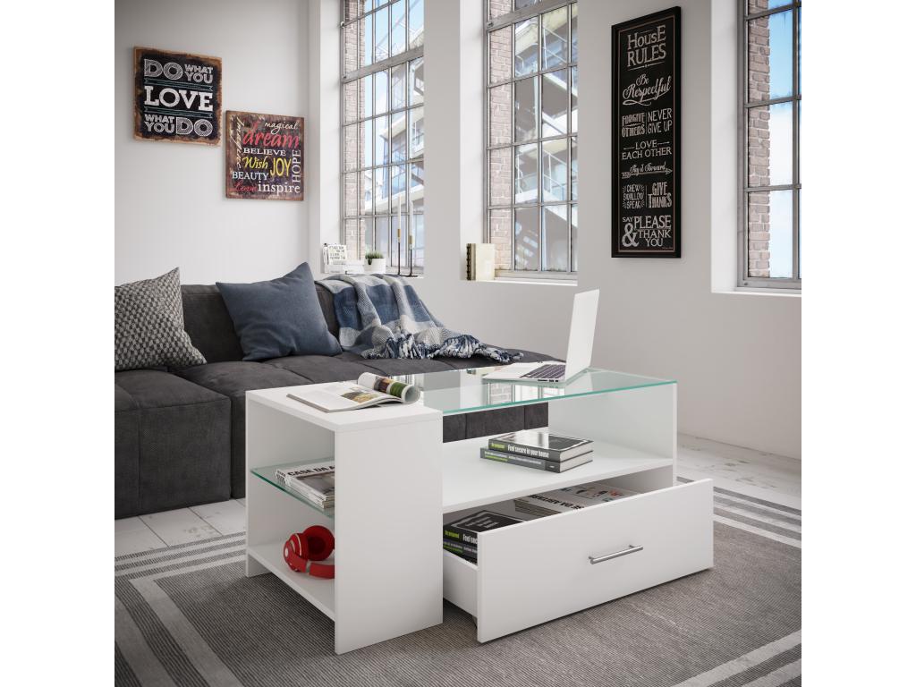 Chicyla Wooden Coffee Table, Living Room Table, Side Table, Drawer, Glass, Tindala White BONM26889