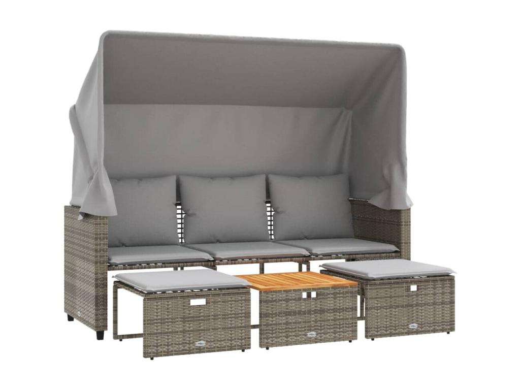 3-seater garden sofa with canopy and grey rattan stools IDNH45305