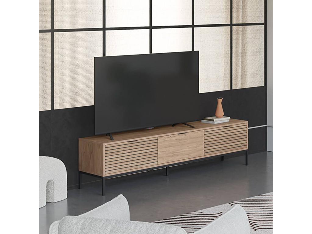 Domopure - 180cm TV Stand with 3 Drawers, Wood Look, Sliding Bars, and Metal Legs ASKF29915