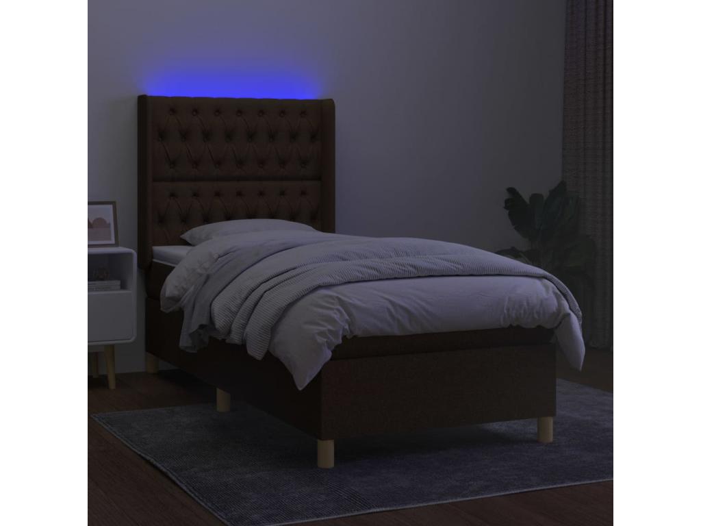 Upholstered bed base with mattress and LED light, dark brown, 100x200cm, fabric FBKR28462