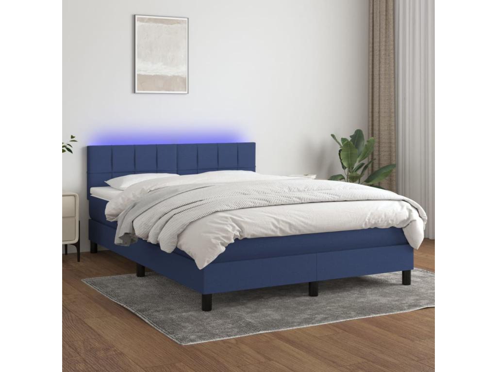 Upholstered bed base with mattress and LED light, blue, 140x190 cm, fabric LZMP28369
