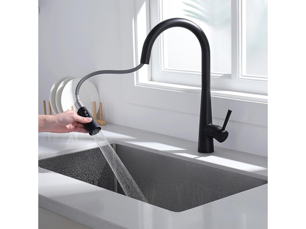 Chicyla Max Black Kitchen Mixer Tap with 3 Water Spray Modes, High-Quality 360° Rotating Sink Faucet with Pull-Out Sprayer, EU Plug, Model JCMY91895