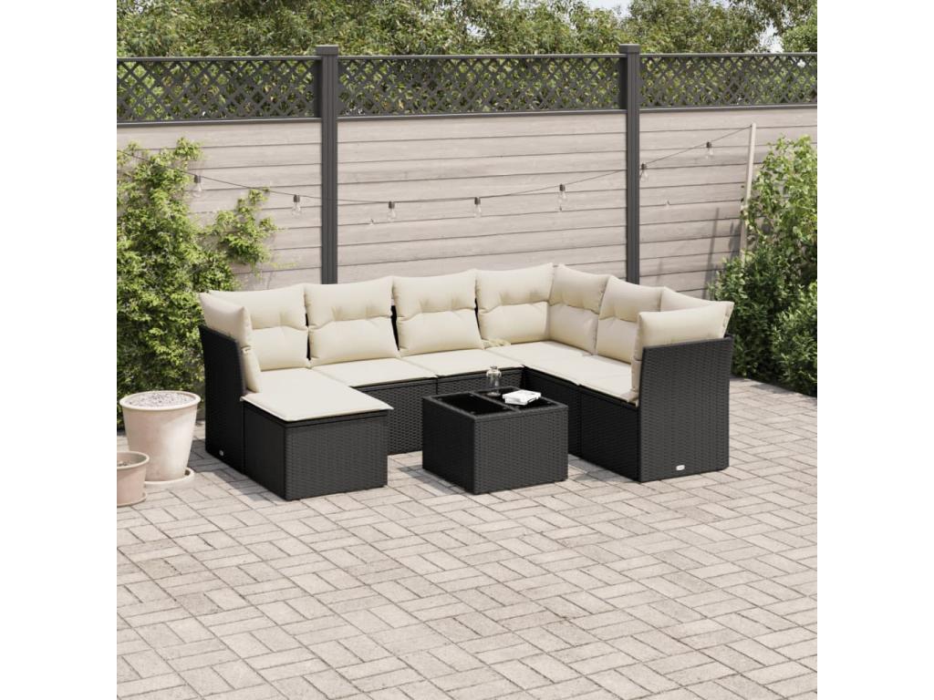 8-piece garden furniture set with cushions, black woven resin YGPS69394