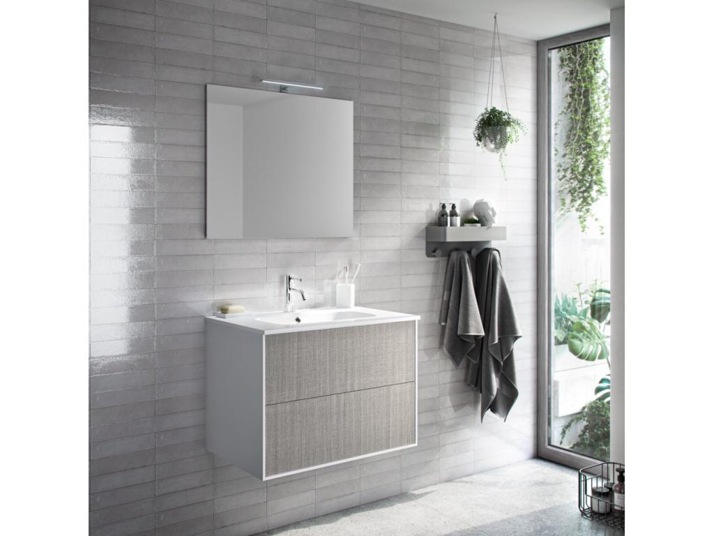 Bathroom vanity unit with 2 drawers in white and grey lacquer and LED mirror, Meublori L 70cm