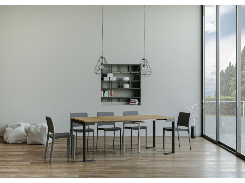 Chicyla extendable console table in wood and steel, 90x40-196 or 90x40-300 cm, Natural color, 4-leg support, 3 extension leaves EDHB33827